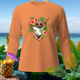 Orange long-sleeve shirt with a sloth graphic wearing sunglasses and holding a branch with flowers.