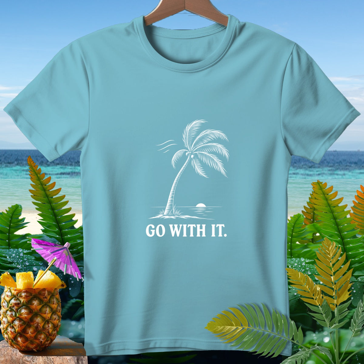 Light blue t-shirt with a white palm tree graphic and "GO WITH IT." text.
