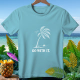 Light blue t-shirt with a white palm tree graphic and 