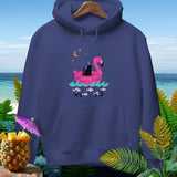 Navy hoodie with graphic of black cat on flamingo float with moon and fish.