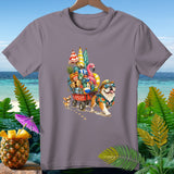 Bulldog and chihuahua pulling a wagon full of beach items with text 