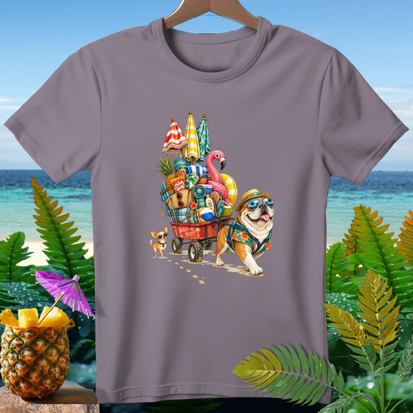 Bulldog and chihuahua pulling a wagon full of beach items with text "Beach or Bust!"