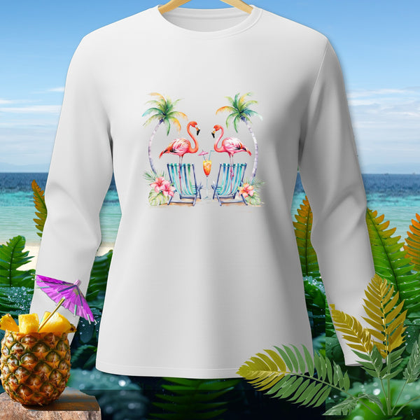 White sweatshirt with flamingo beach scene graphic and pineapple cocktail.