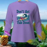 Purple long-sleeve shirt with an octopus surfing a wave, reads 