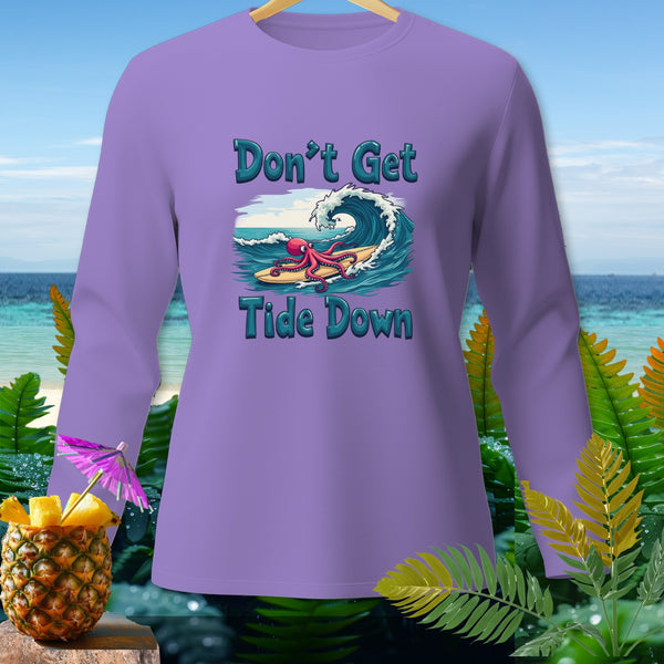 Purple long-sleeve shirt with an octopus surfing a wave, reads "Don't Get Tide Down."