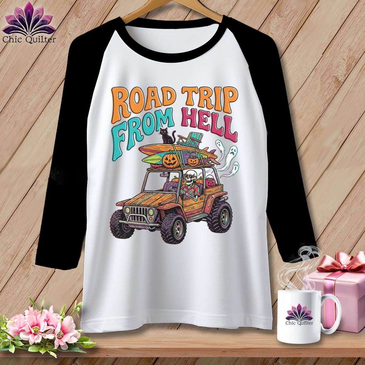 Raglan shirt with Halloween graphic: "Road Trip From Hell" with jeep, skeletons, and pumpkins.