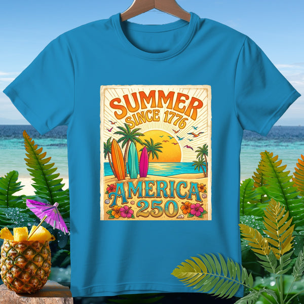 Turquoise t-shirt with "Summer Since 1776 America 250" beach graphic.