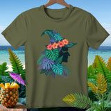 Green t-shirt with a witch's hat design made of tropical leaves and flowers.
