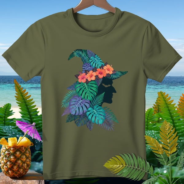 Green t-shirt with a witch's hat design made of tropical leaves and flowers.