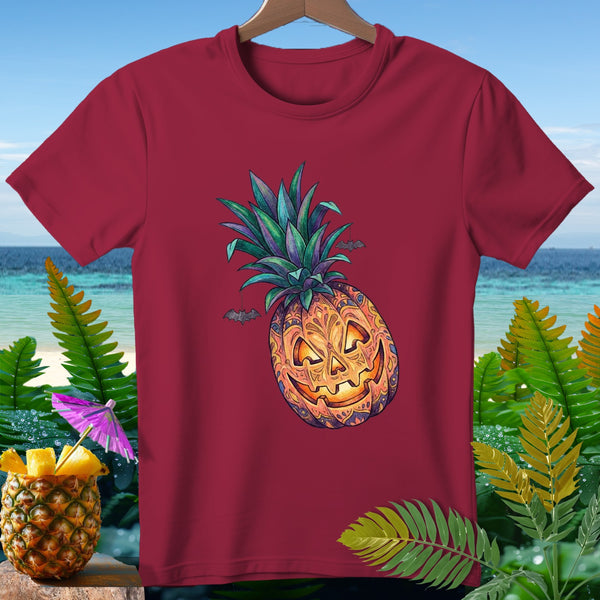 Maroon t-shirt with a jack-o'-lantern pineapple graphic and bats.