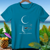 Teal t-shirt with a crescent moon, two boats, and 