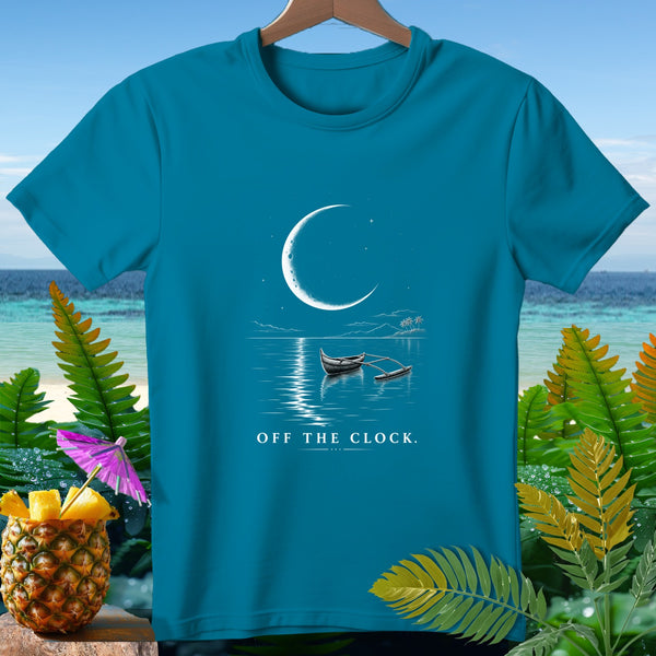 Teal t-shirt with a crescent moon, two boats, and "OFF THE CLOCK." text.