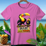 Pink t-shirt with toucans and text 