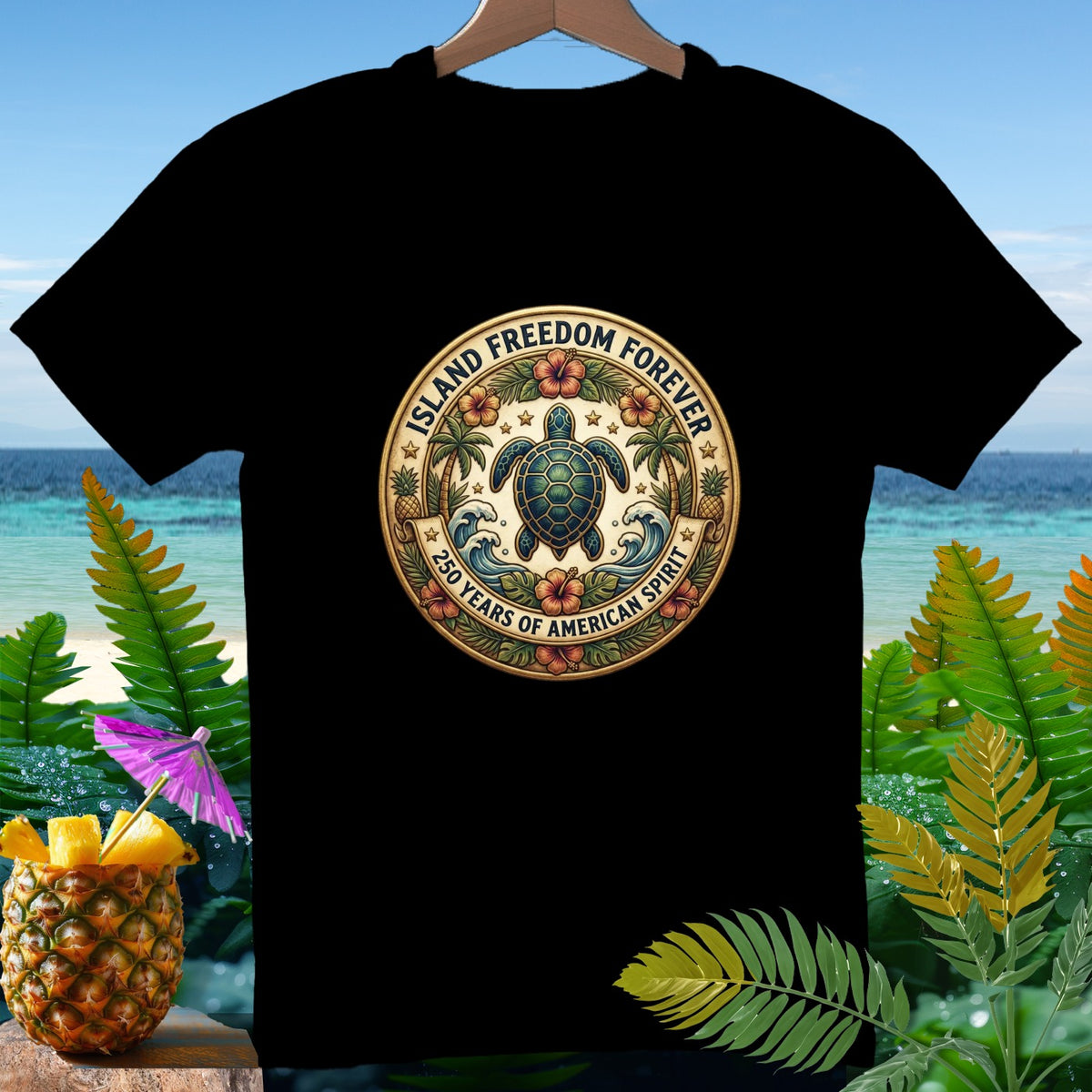 Black t-shirt with "Island Freedom Forever" and "250 Years of American Spirit" text around a sea turtle.
