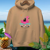 Tan hoodie with black cat on flamingo float, crescent moon and stars above.