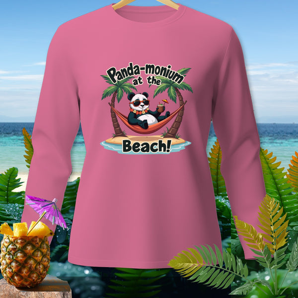 Pink long sleeve shirt with a cartoon panda in a hammock on a beach, saying "Panda-monium at the Beach!"