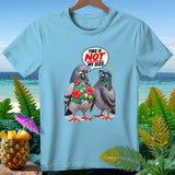 Light blue t-shirt with cartoon pigeons, one saying 