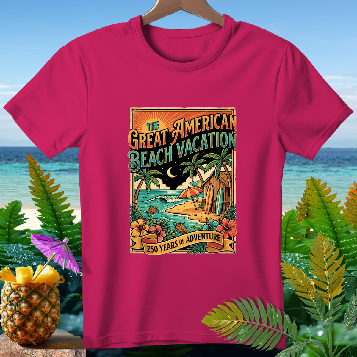 T-shirt with "The Great American Beach Vacation 250 Years of Adventure" graphic.