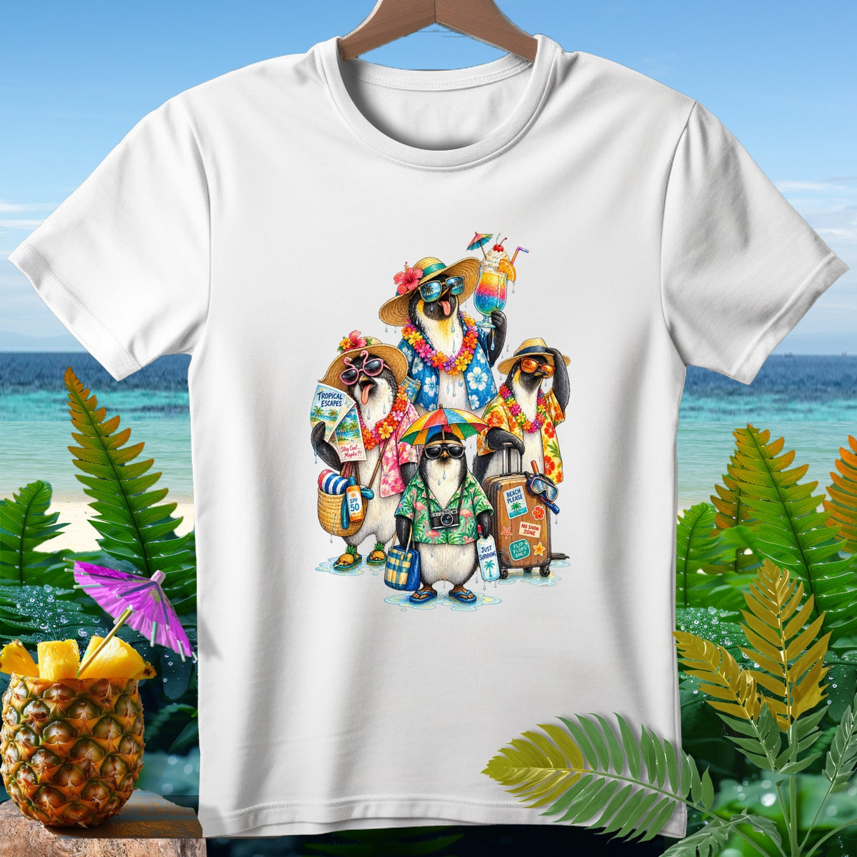 Group of penguins in Hawaiian shirts and sunglasses on vacation.