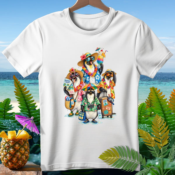 Group of penguins in Hawaiian shirts and sunglasses on vacation.