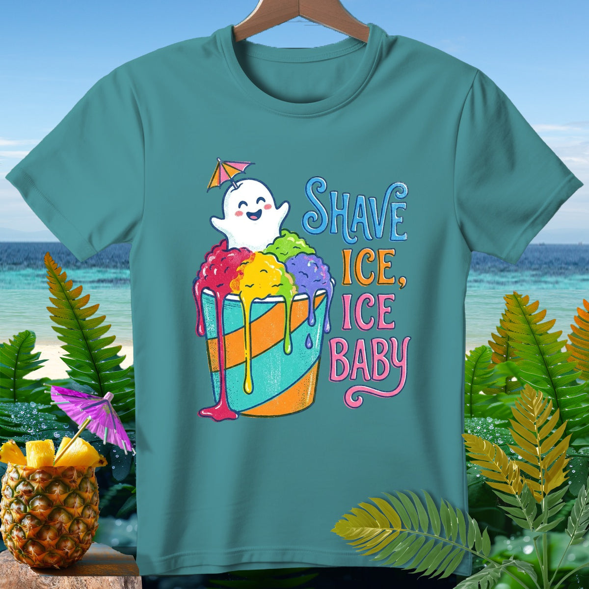 Ghost enjoying rainbow shave ice with text "Shave Ice, Ice Baby."