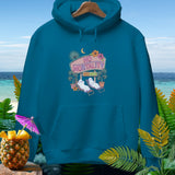 Teal hoodie with ghosts relaxing on lounge chairs with 