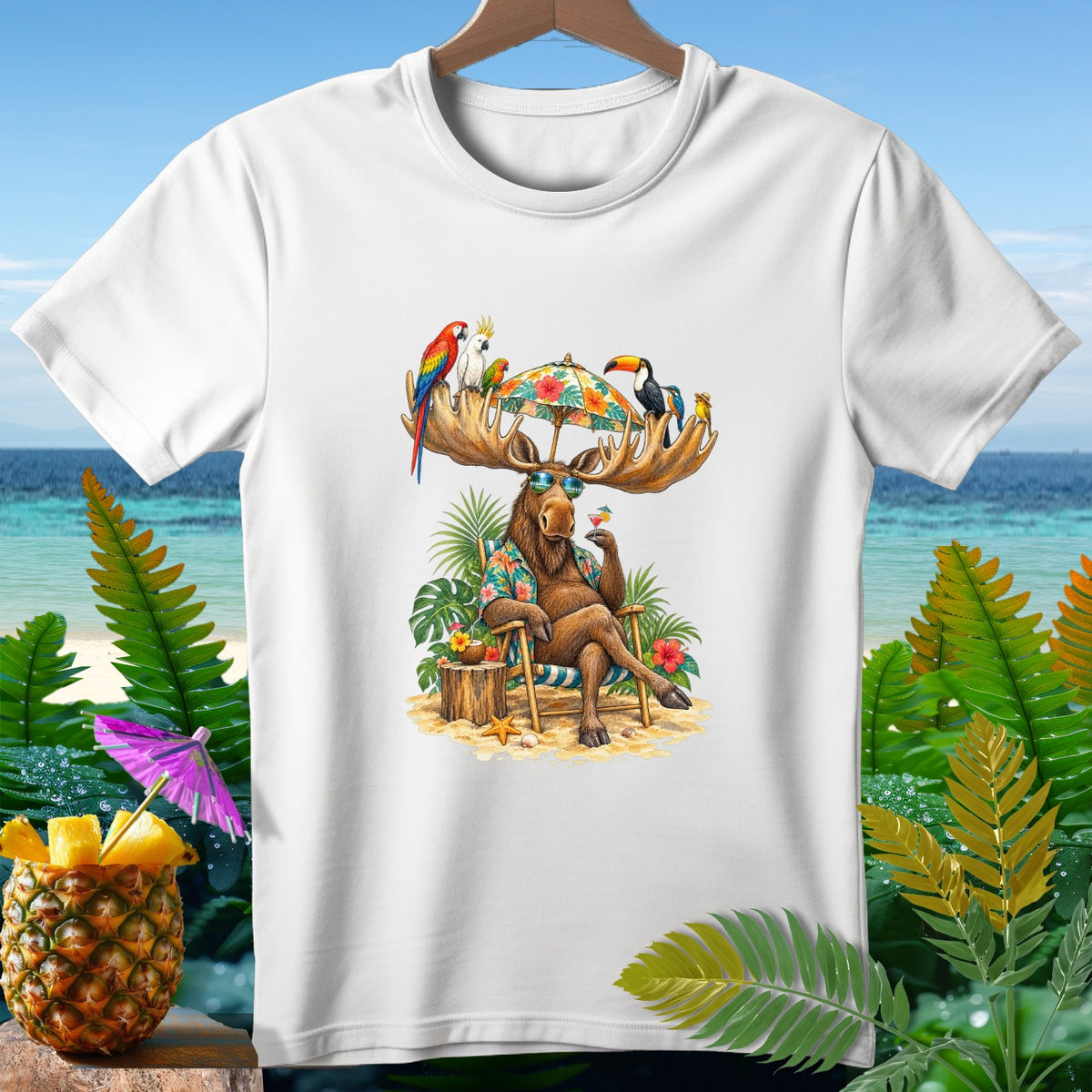 Moose wearing sunglasses sits on a beach chair with tropical birds on antlers.
