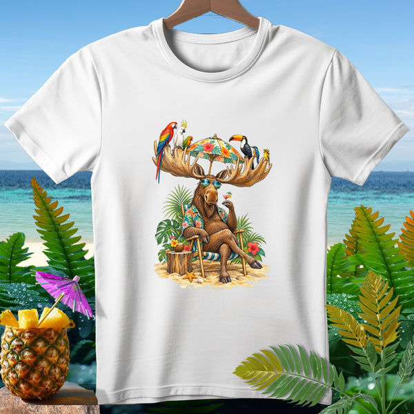 Moose wearing sunglasses sits on a beach chair with tropical birds on antlers.