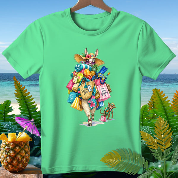 Llama wearing straw hat and sunglasses carrying beach shopping bags with monkey companion.