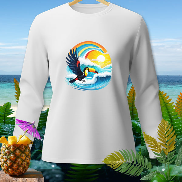 White long-sleeve shirt with toucan, rainbow, sun, and waves graphic.
