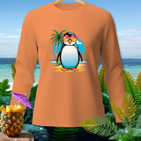 Long sleeve orange shirt with a cartoon penguin wearing sunglasses on a beach.