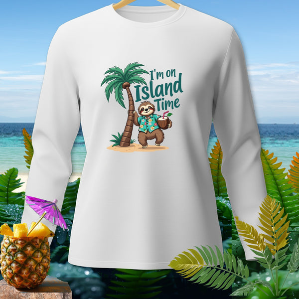 White long-sleeve shirt with cartoon sloth saying "I'm on Island Time."