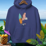 Hoodie with a pink ghost, surfboard, and sign reading 