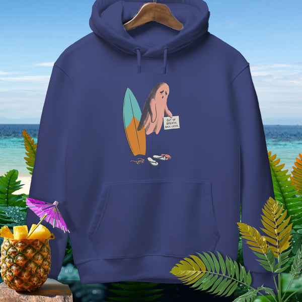 Hoodie with a pink ghost, surfboard, and sign reading "Out of Breath. Back Later."