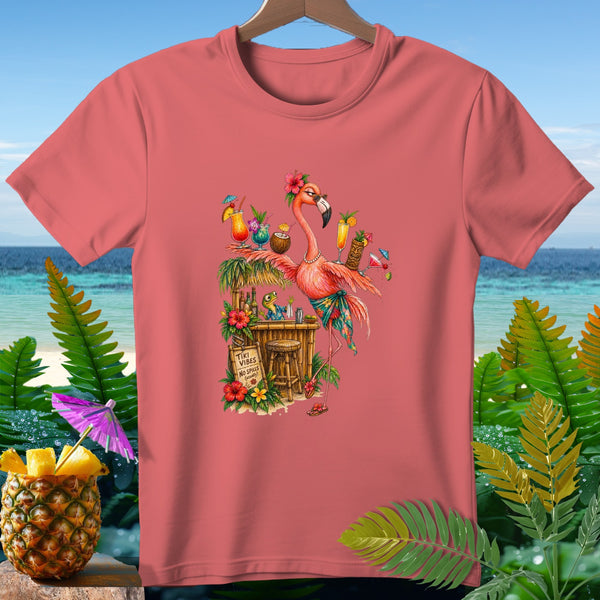Flamingo with cocktails at a tiki bar, "Tiki Vibes No Spills (usually)" sign.