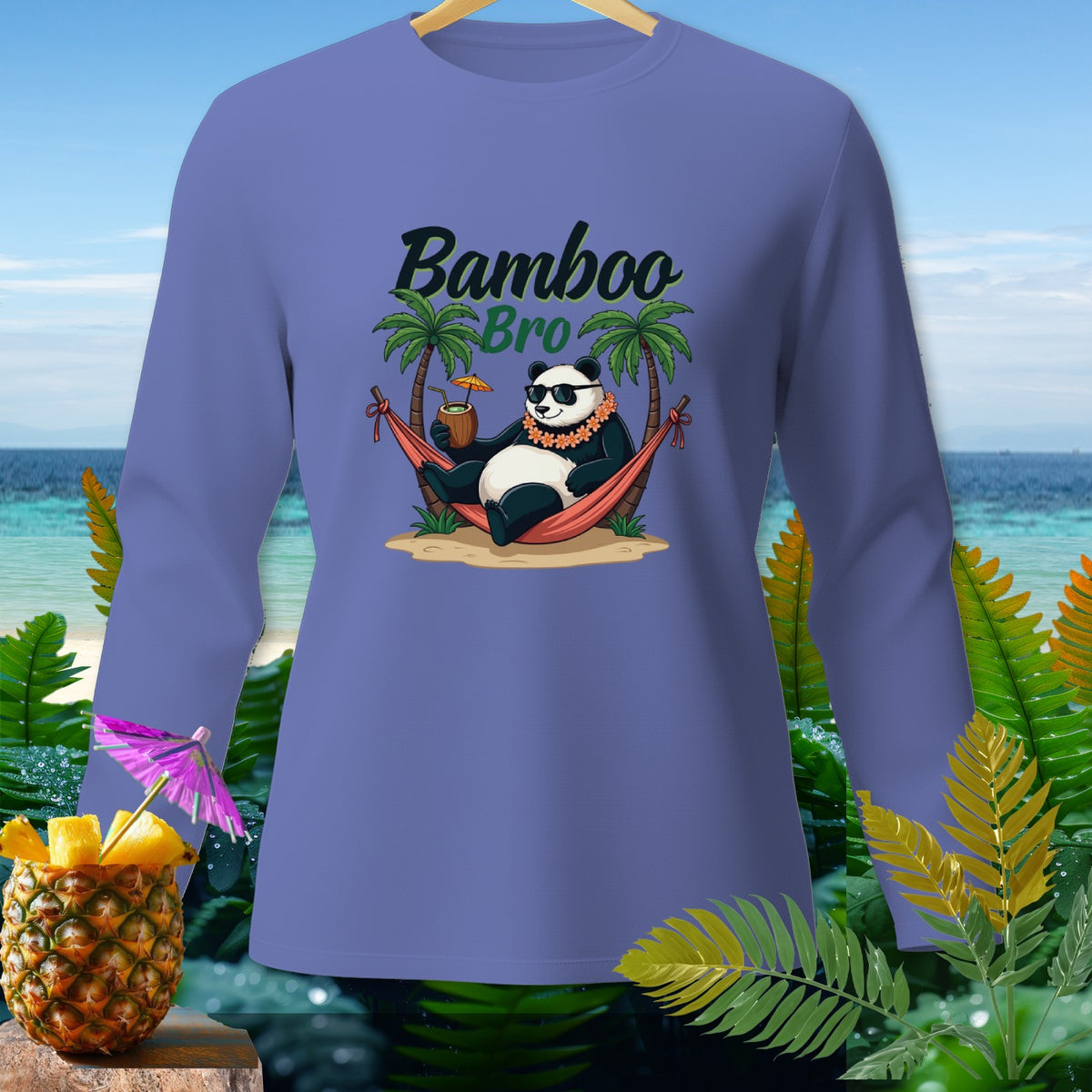 Panda in hammock with text "Bamboo Bro" on a lavender long-sleeve shirt.