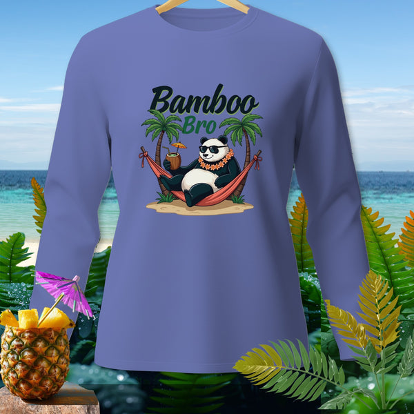 Panda in hammock with text "Bamboo Bro" on a lavender long-sleeve shirt.