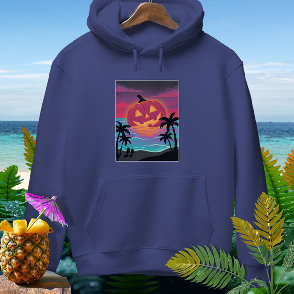 Navy hoodie with a graphic of a jack-o'-lantern over a tropical sunset ocean scene.