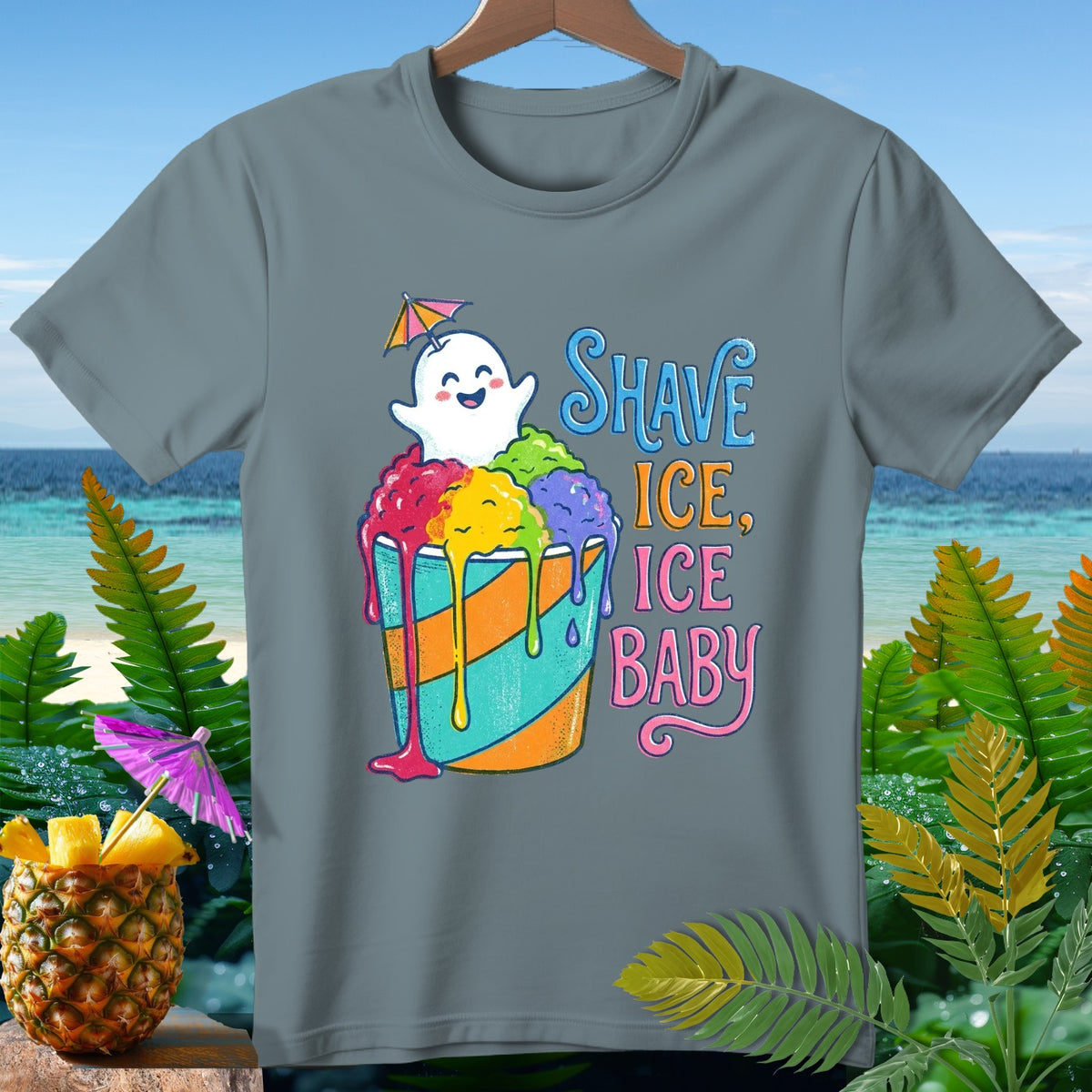 Ghost with umbrella on colorful shave ice, text "Shave Ice, Ice Baby".