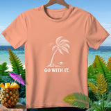Peach t-shirt with white palm tree graphic and text 