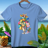 Cartoon llama with beach items and shopping bags, monkey assistant.