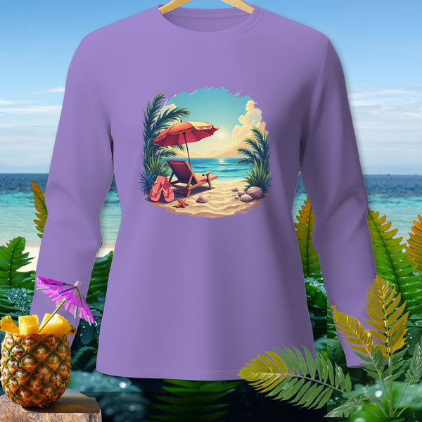 Long sleeve purple sweatshirt with a beach scene graphic and pineapple cocktail.