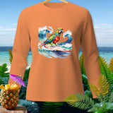 Orange long-sleeve shirt with a surfing parrot graphic and tropical background.