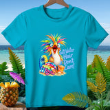 Blue t-shirt with colorful cartoon parrot, surfboard, towels, flip-flops, and text 