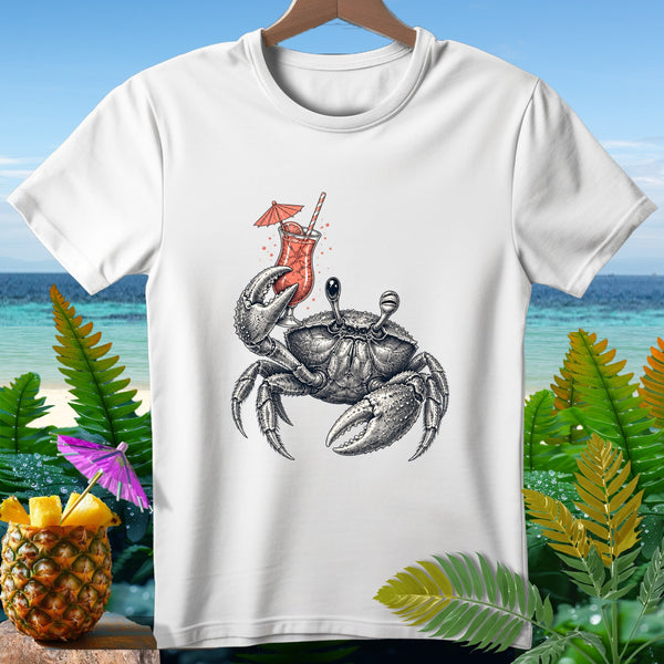 Crab with a cocktail and pineapple on a white t-shirt with a beach background.