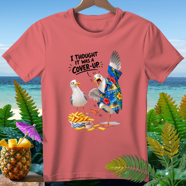 Two seagulls with fries and ketchup, with text "I THOUGHT IT WAS A COVER-UP."