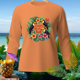 Orange long-sleeve shirt with toucans and flowers graphic and text 