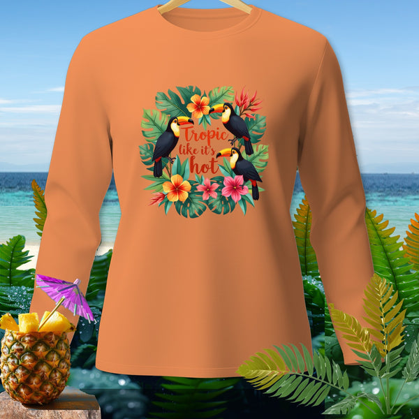 Orange long-sleeve shirt with toucans and flowers graphic and text "Tropic like it's hot".