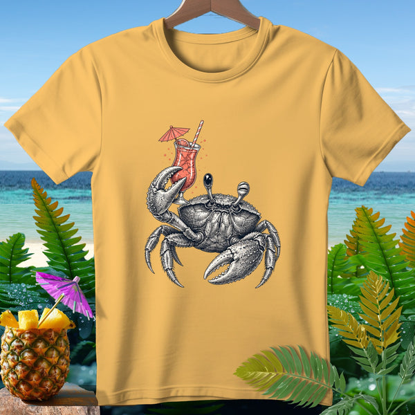 Yellow t-shirt with detailed crab holding a cocktail on a tropical beach background.