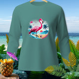 Teal long-sleeve shirt with a graphic of a flamingo on a beach with palm trees and a sunset.